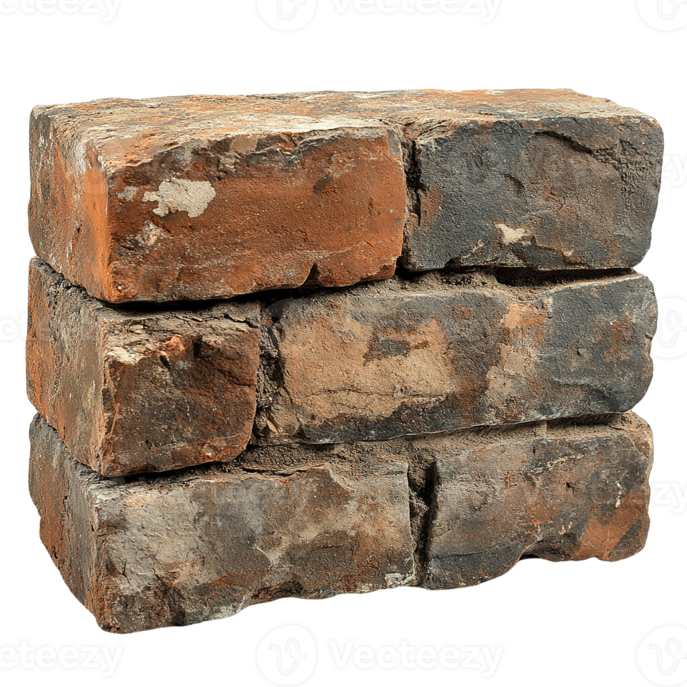 Old brick block with natural weathering rough edges and worn finish isolated on transparent background png