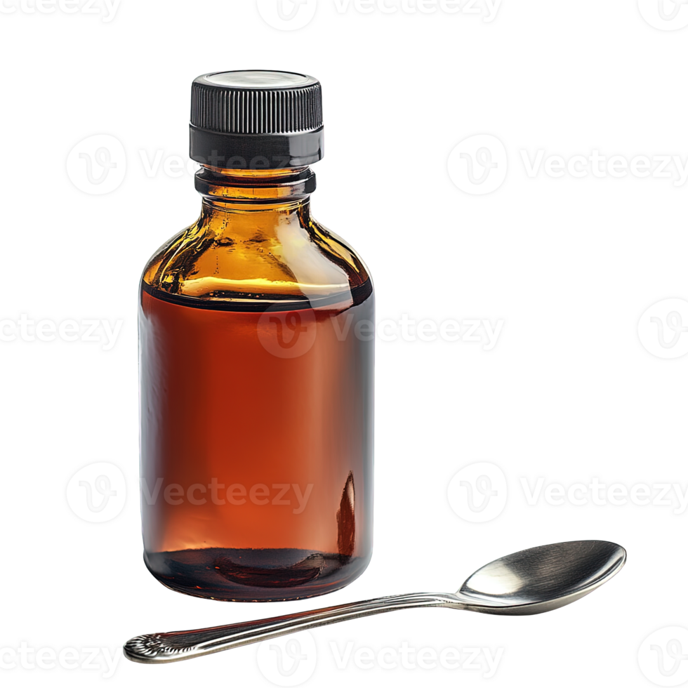 Amber-Colored Cough Syrup Bottle with Cap and Metal Spoon Isolated on Transparent Background png