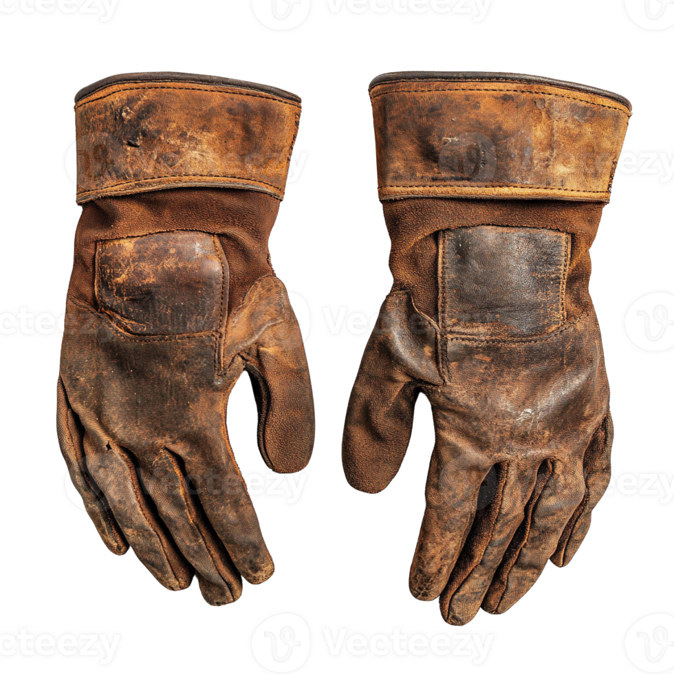 Industrial leather gloves with worn fingers and weathered cuffs isolated on transparent background png