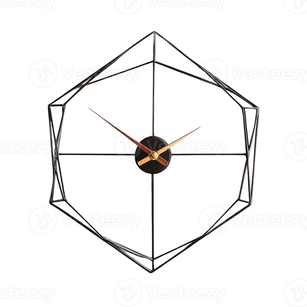 Contemporary wall clock with creative polygonal frame and minimalist design element isolated on transparent background png