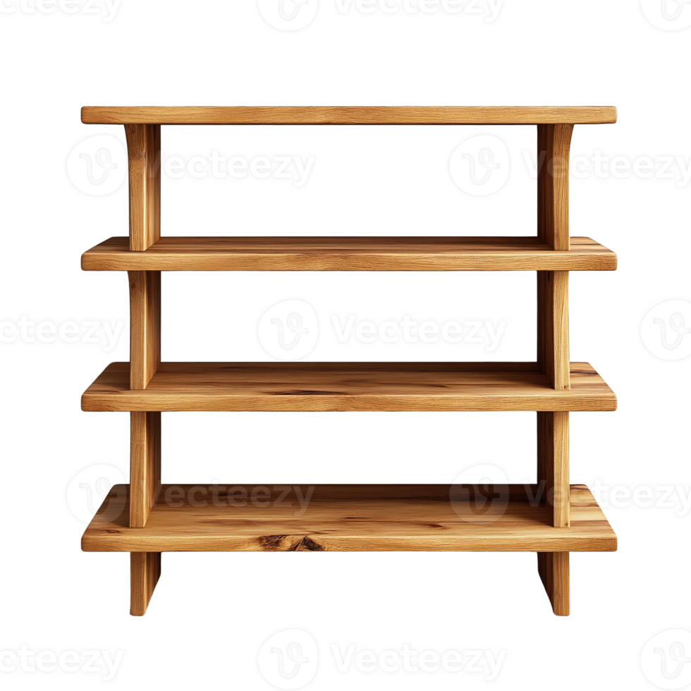 Rustic solid wood bookshelf with open storage design and grid layout isolated on transparent background png