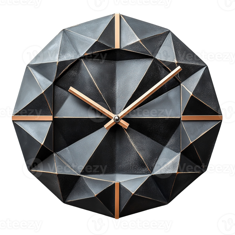 Stylish polygonal wall clock featuring abstract geometric shape isolated on transparent background png