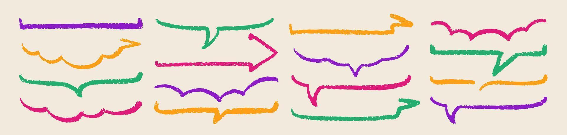 Set of bottom part of comic speech bubbles drawn with organic texture. Text boxes with chalk and crayon texture . Color illustration in retro style. vector