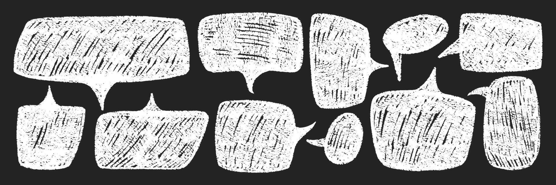 Set of speech bubbles with chalk, pencil and crayon texture in black color. Handwriting text boxes for a school dialog or chat. White illustration on a blackboard. vector