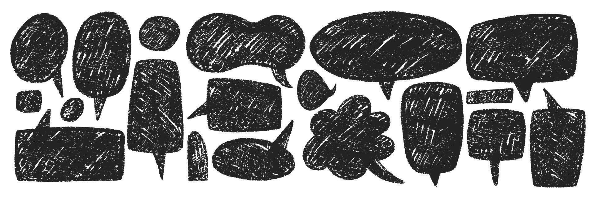 set features hand-drawn speech bubbles, using pencil and crayon textures. Text boxes is a pastel doodle for conversations. vector