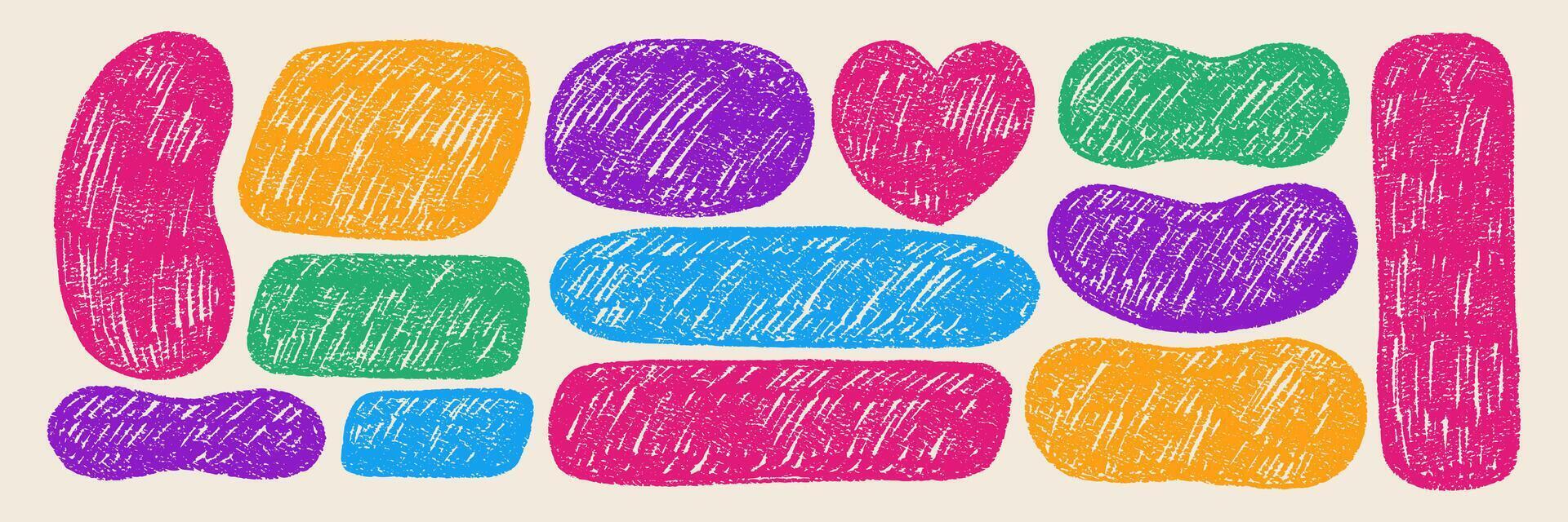 Set of abstract blob shapes of heart, oval and text box with rough texture. Hand drawn figure with crayon and chalk texture. Linocut color illustration in retro style. vector
