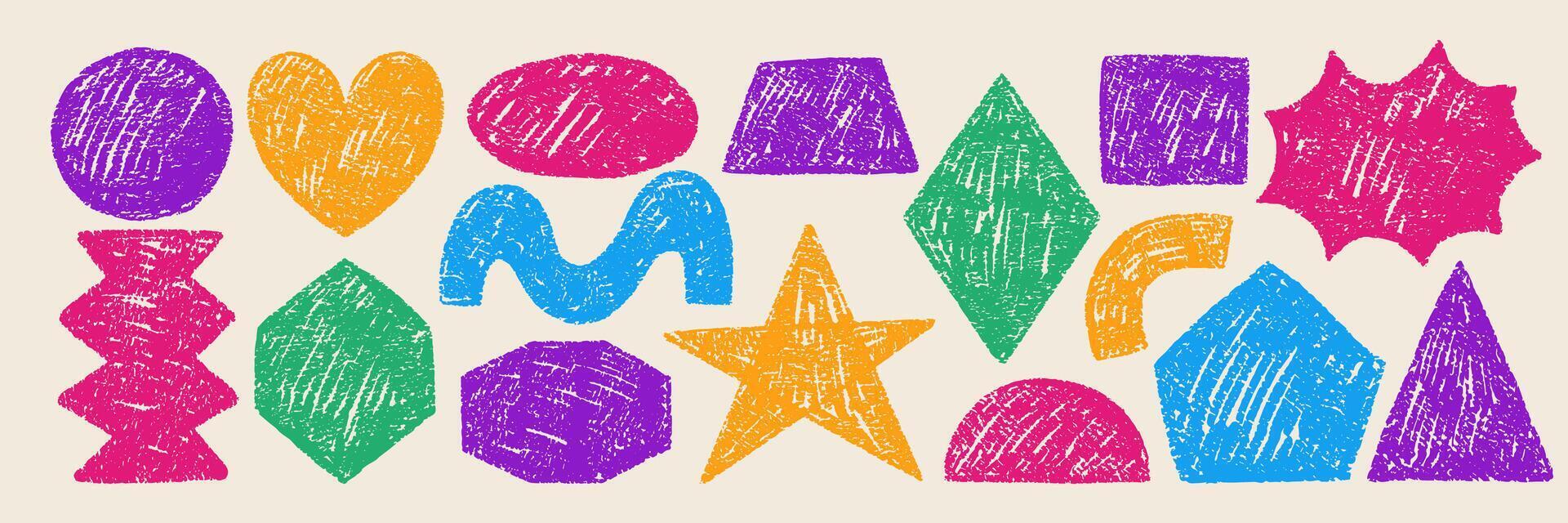 Set of geometric shapes with square, triangle, circle and star with crayon, pastel or chalk texture. Grunge multicolor illustration in retro style. vector