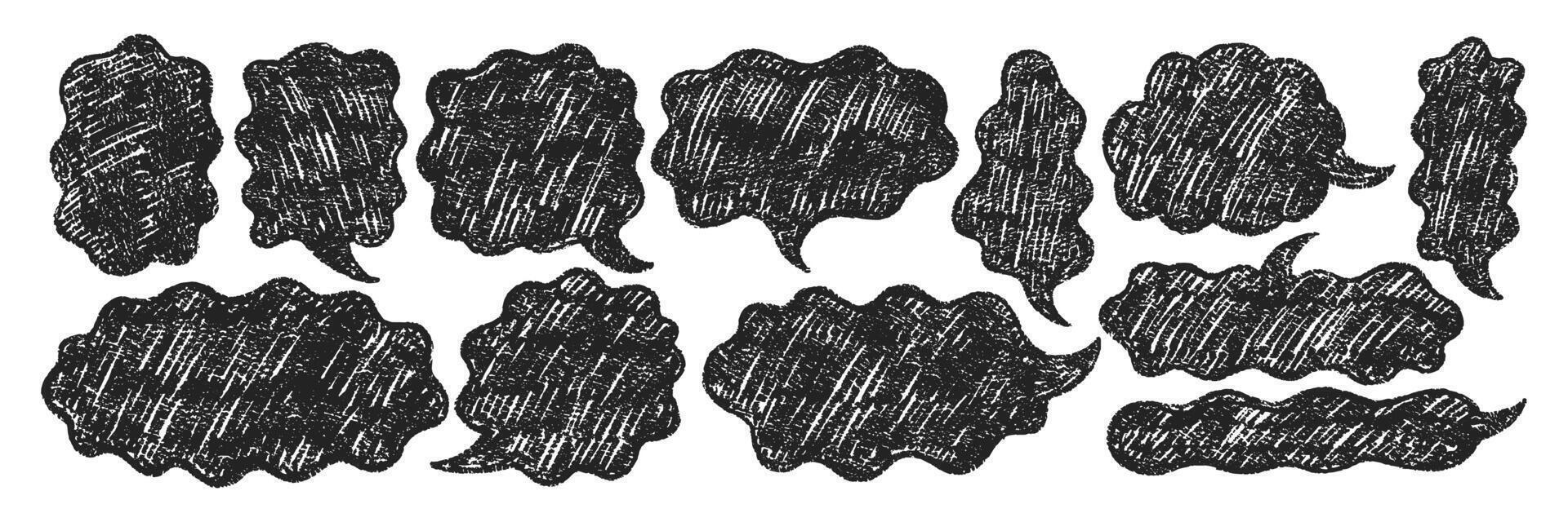 Comic speech bubbles drawn in a sketch style with organic texture. Text boxes with chalk and crayon texture for a chat or dialog. illustration. vector