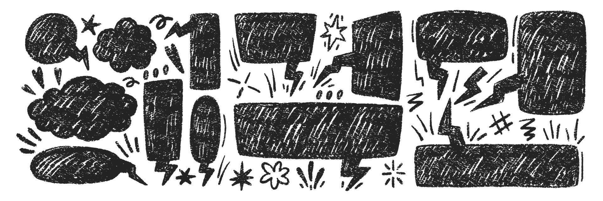 Set of speech bubbles, hearts and stars illustrated with chalk and crayon. text boxes for fun conversation. vector