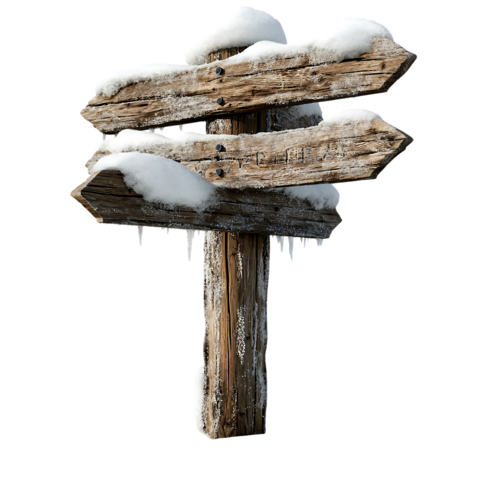 Frozen Wooden Signpost Winter Wonderland Indication Against Transparent Background for Holiday Decor, Winter-Themed Branding, or Scenic Illustrations png