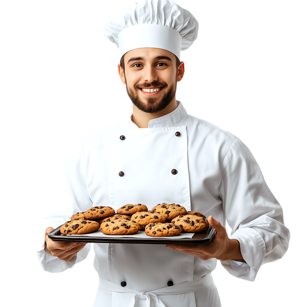 Happy Young Chef Presenting Freshly Baked Cookies on a Tray Against Transparent Background png