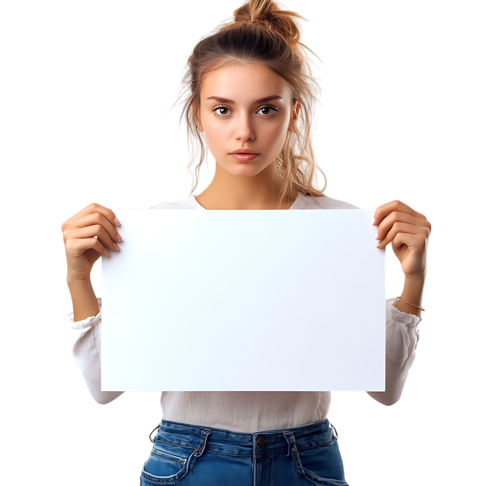 Young Woman Holding Blank Sign Against Transparent Background for Advertisement Templates, Marketing Promotions, or Customizable Designs png
