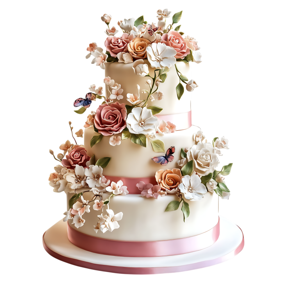 Elegant Three Tiered, Wedding Cake Adorned with Exquisite Decorations Against Transparent Background for Wedding Invitations, Bakery Branding, or Luxury Event Promotions png