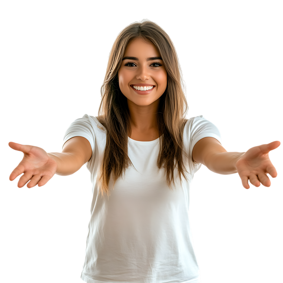 Smiling Woman Extending Arms for a Hug Against Transparent Background png