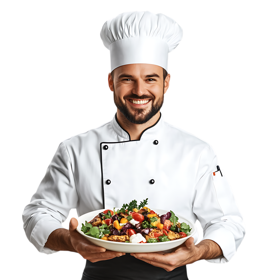 Professional Chef Presenting a Gourmet Dish with a Smile Against Transparent Background png