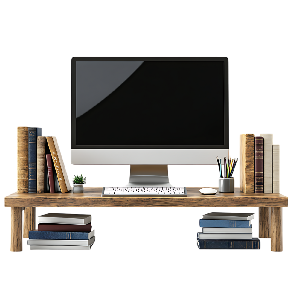 Wooden Office Desk with Computer Keyboard, Mouse, and Books Against Transparent Background for Work-from-Home Branding, Productivity Designs, or Office Mockups png