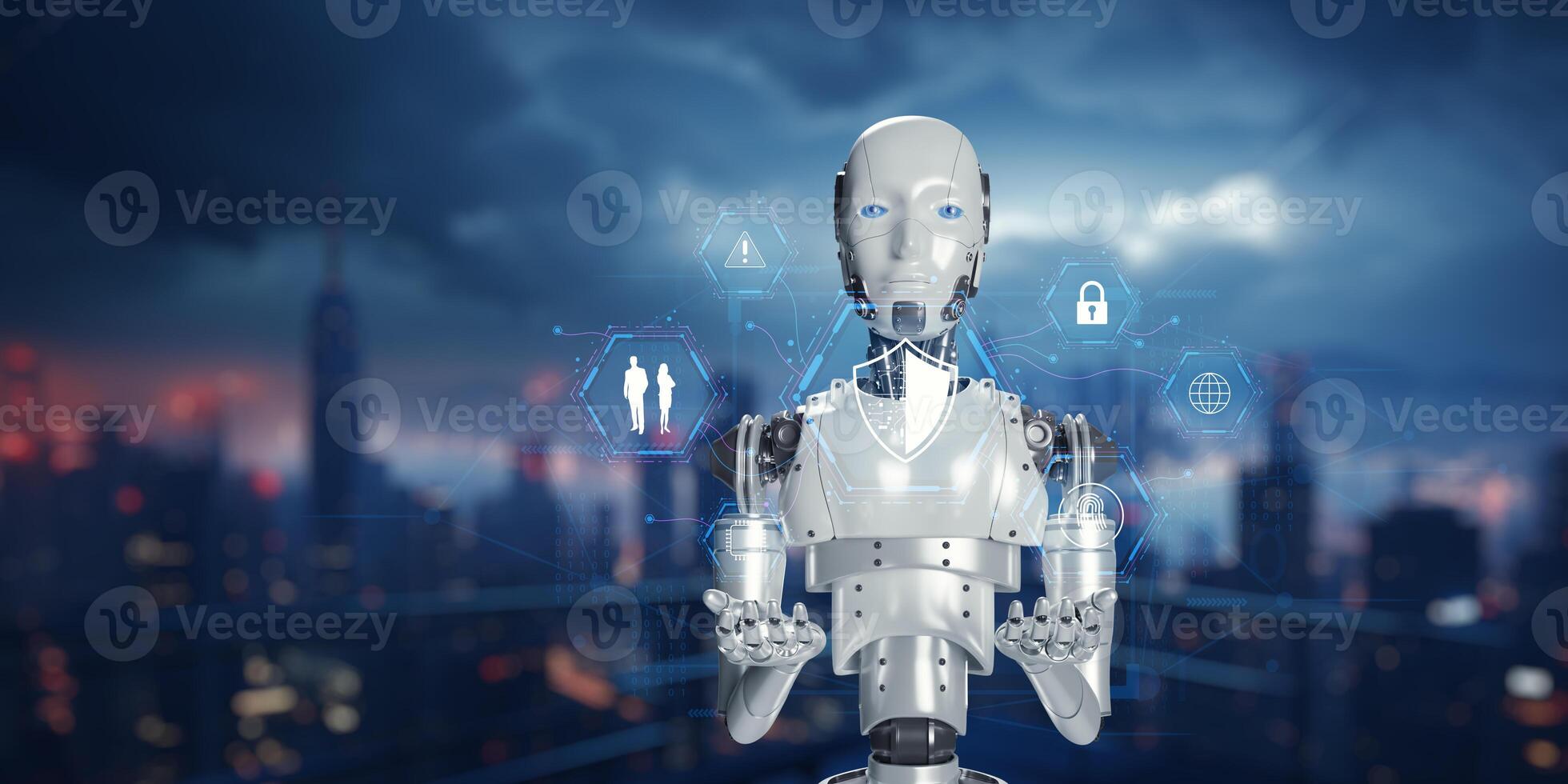 Advanced AI Robot System in Futuristic City Environment with Data photo