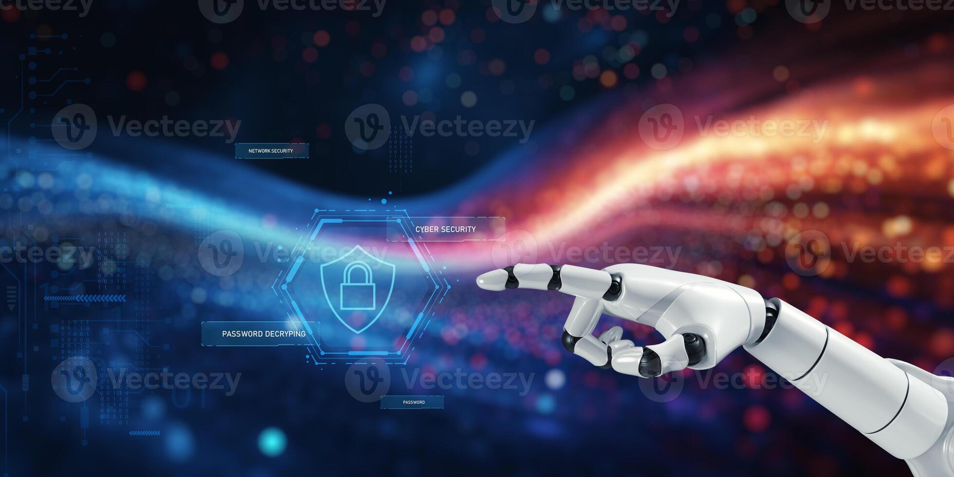 Futuristic AI Robot Hand Interacting with Cybersecurity Interface photo