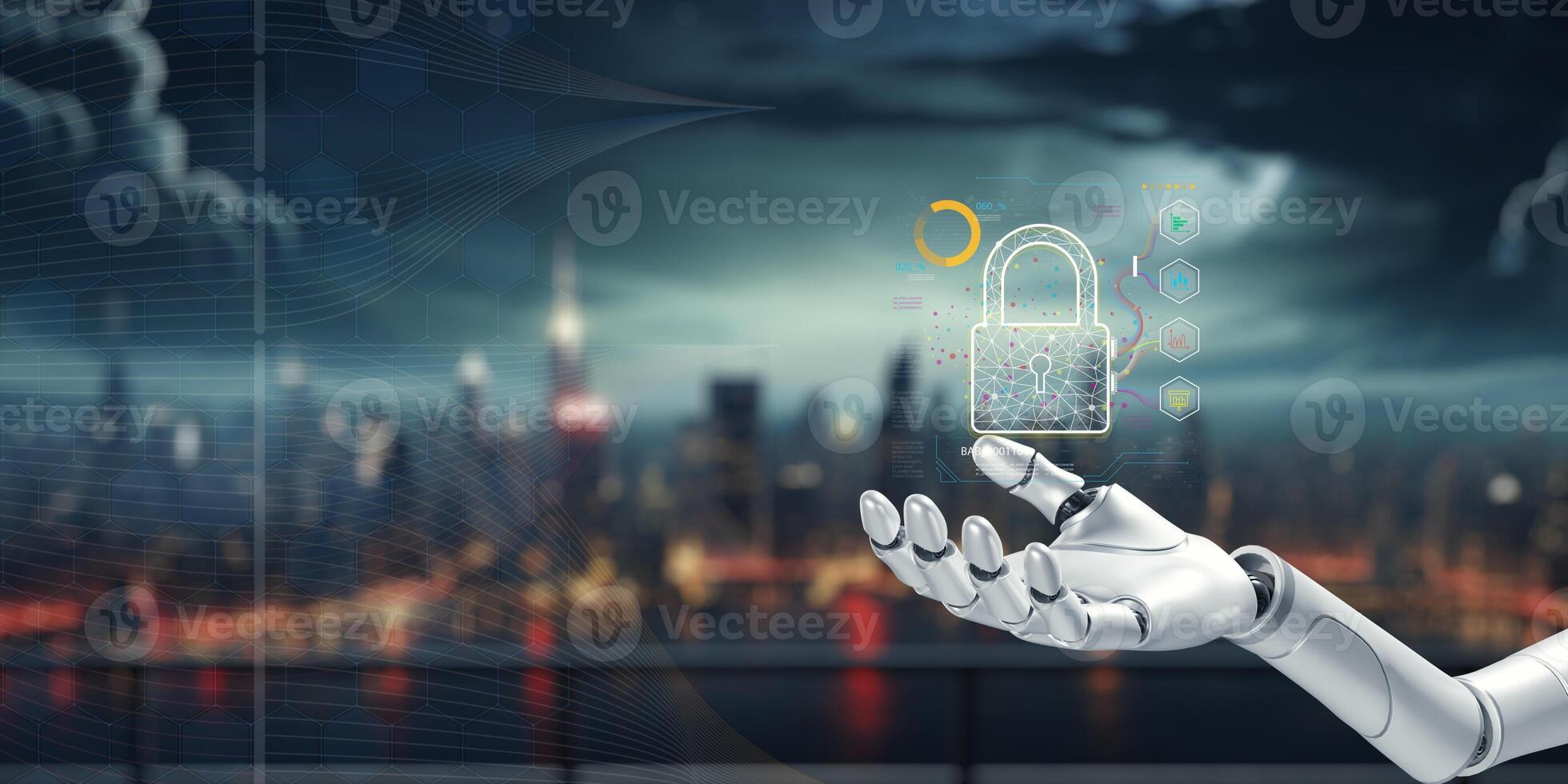 Futuristic Robot Hand Displaying Digital Security Lock Concept photo