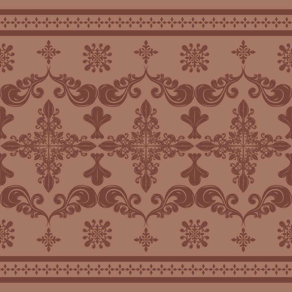 Elaborate Scroll Ornament Deep Brown Embroidery on Mocha Mousse Background. Royal Elegance Ornate Silk Hand Draw Seamless Pattern. Detailed Cross Nature Leaves Design for Decoration Greek Roman vector