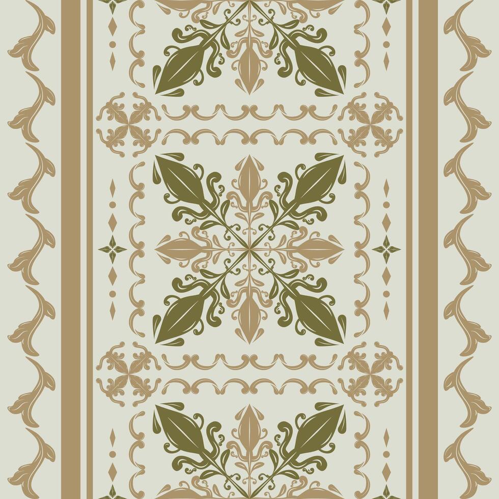 Royal Elegant Filigree Gold Silk and Olive Embroidery Scroll Ornament Border Pattern. Beautiful Delicate Exquisitely Indonesian Batik Hand Draw Rich Florals Decoration Haute Couture Design Men's Wear. vector
