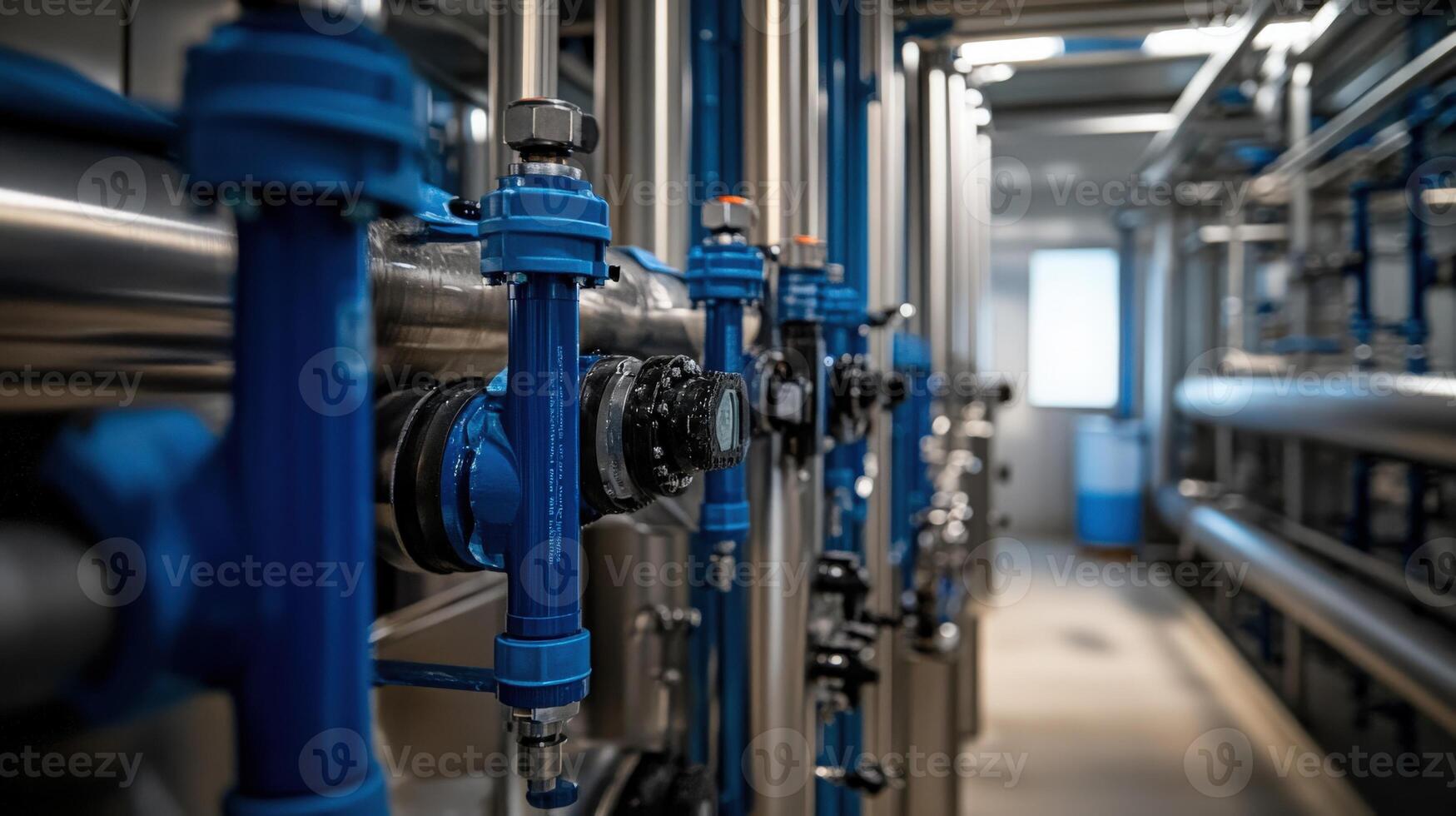 A close up of pipes and valves in a factory photo