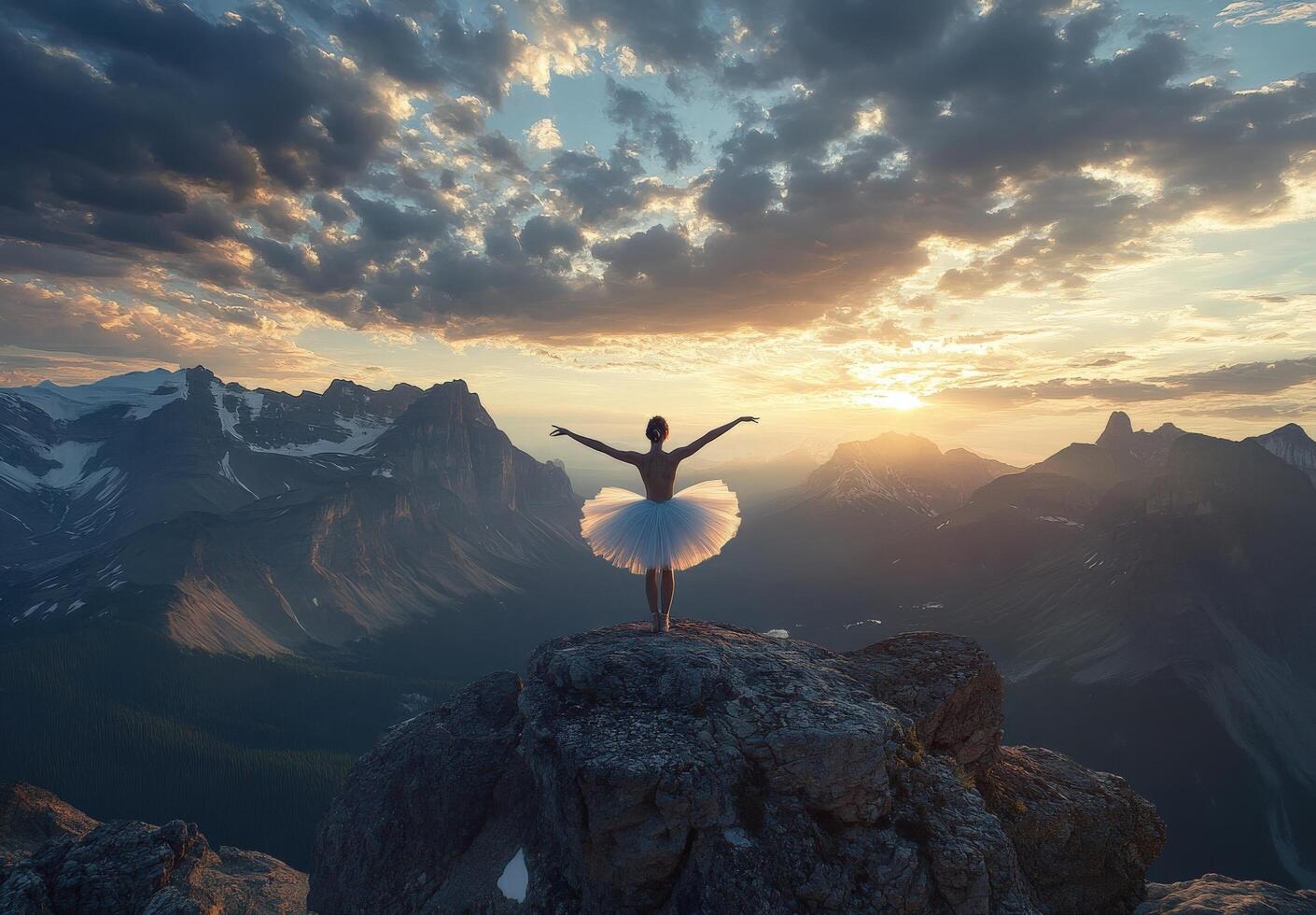 Ballerina On Mountain Peak Sunset photo