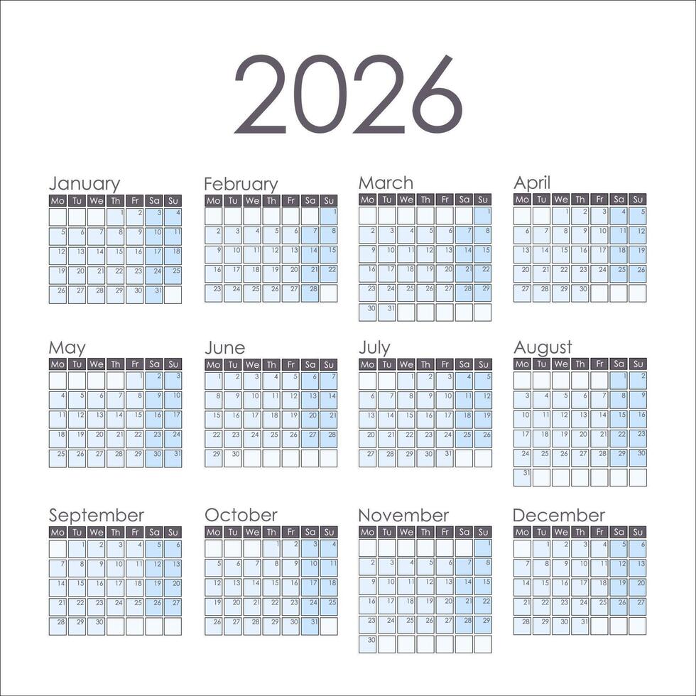 Calendar 2026 square. Week starts on Monday. Graphic design. vector