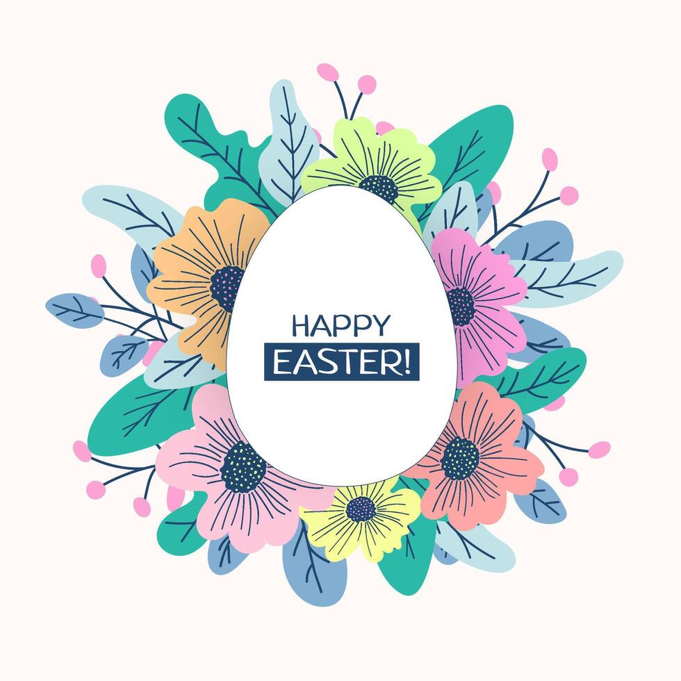 Easter egg and spring flowers composition. Isolated on white background. Graphic design. vector