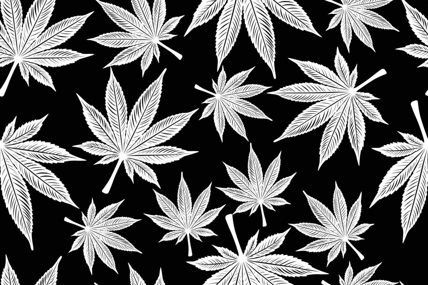 White Cannabis Marijuana Leaves on Black Background Seamless Pattern vector