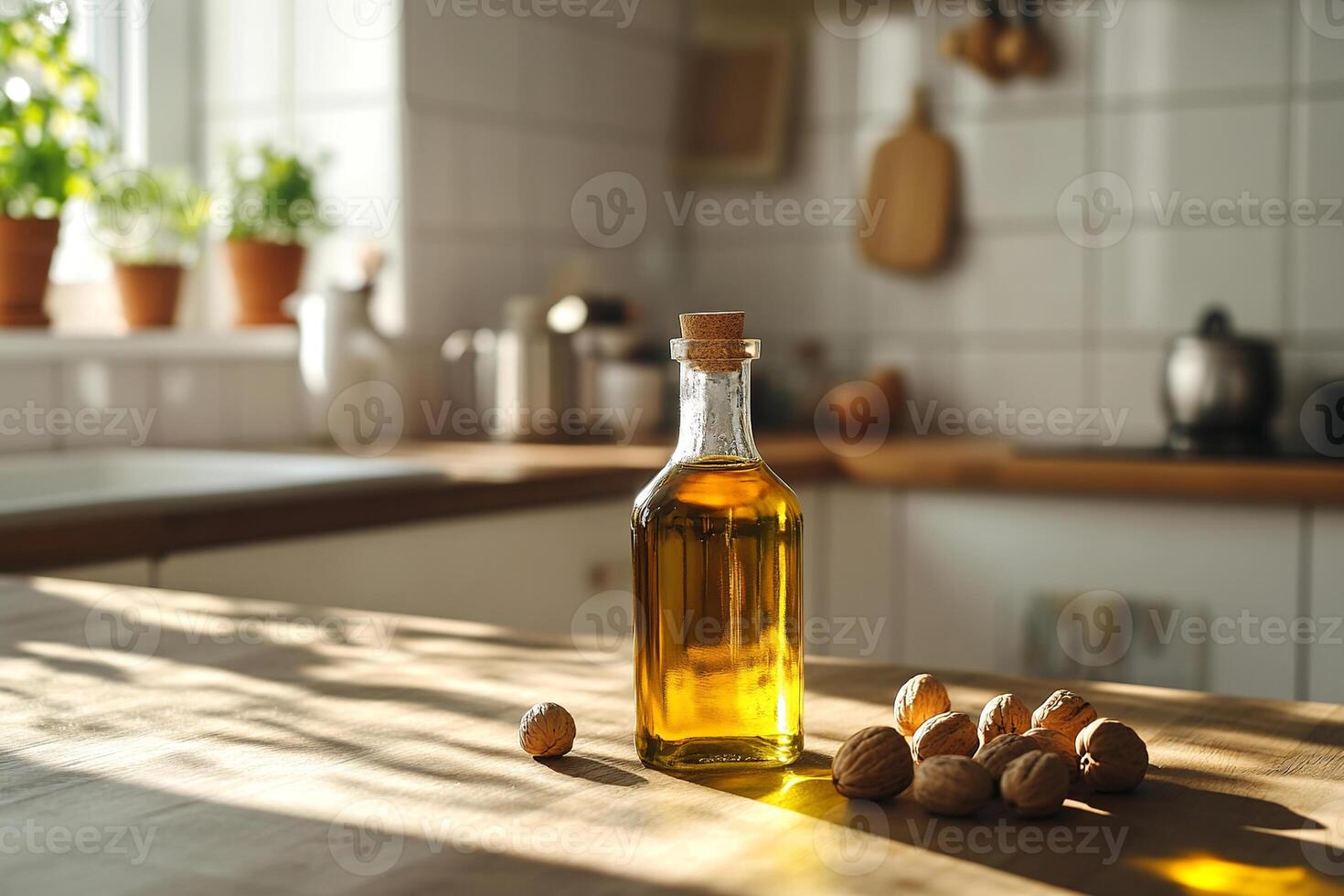 Glass bottle of olive oil on wooden kitchen counter with walnuts photo