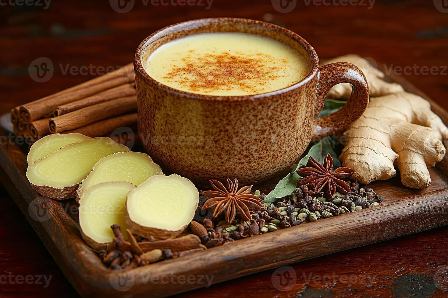 Warm spiced ginger tea with cinnamon, star anise, and fresh ginger photo