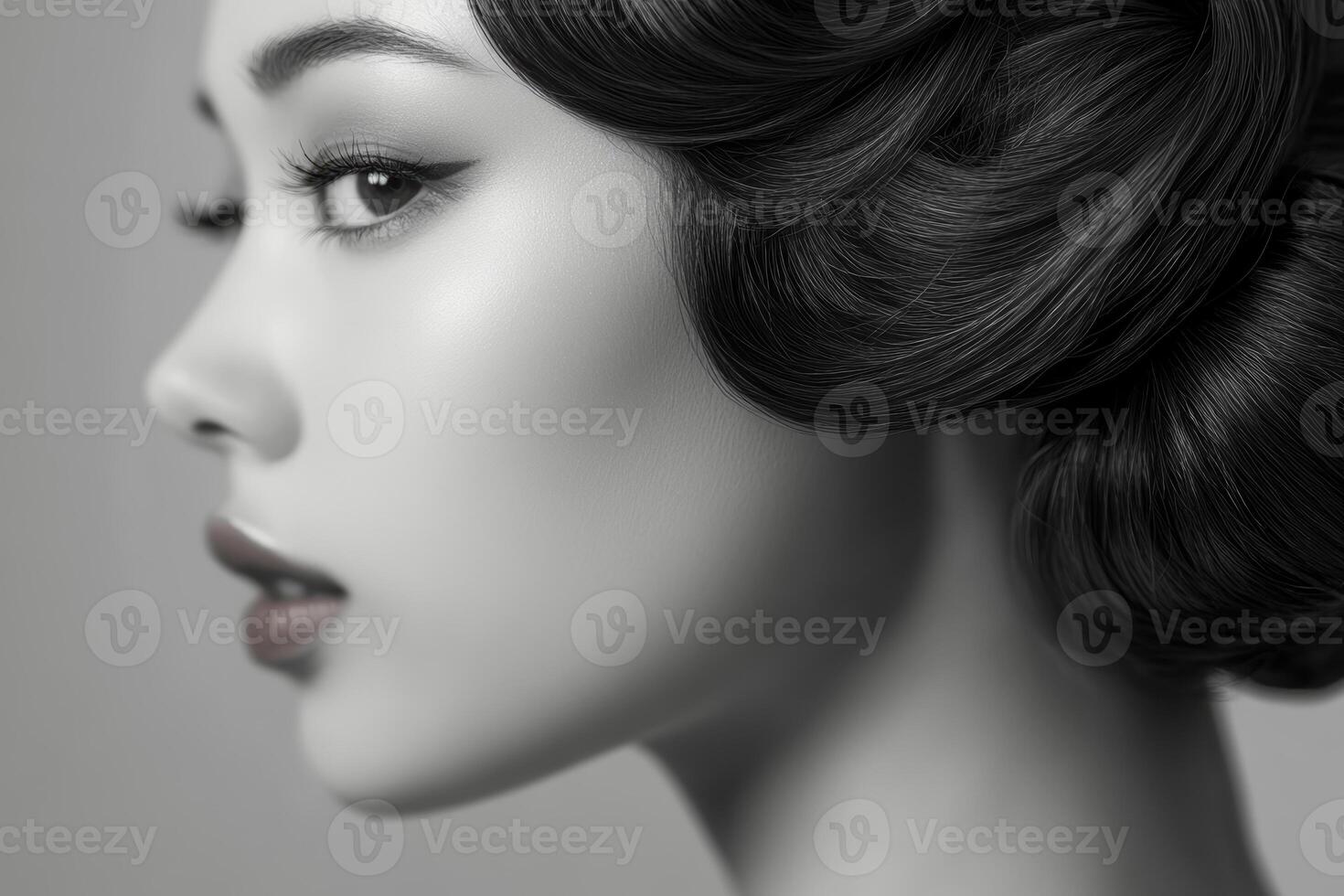 Elegant young asian female with vintage hairstyle in profile view photo