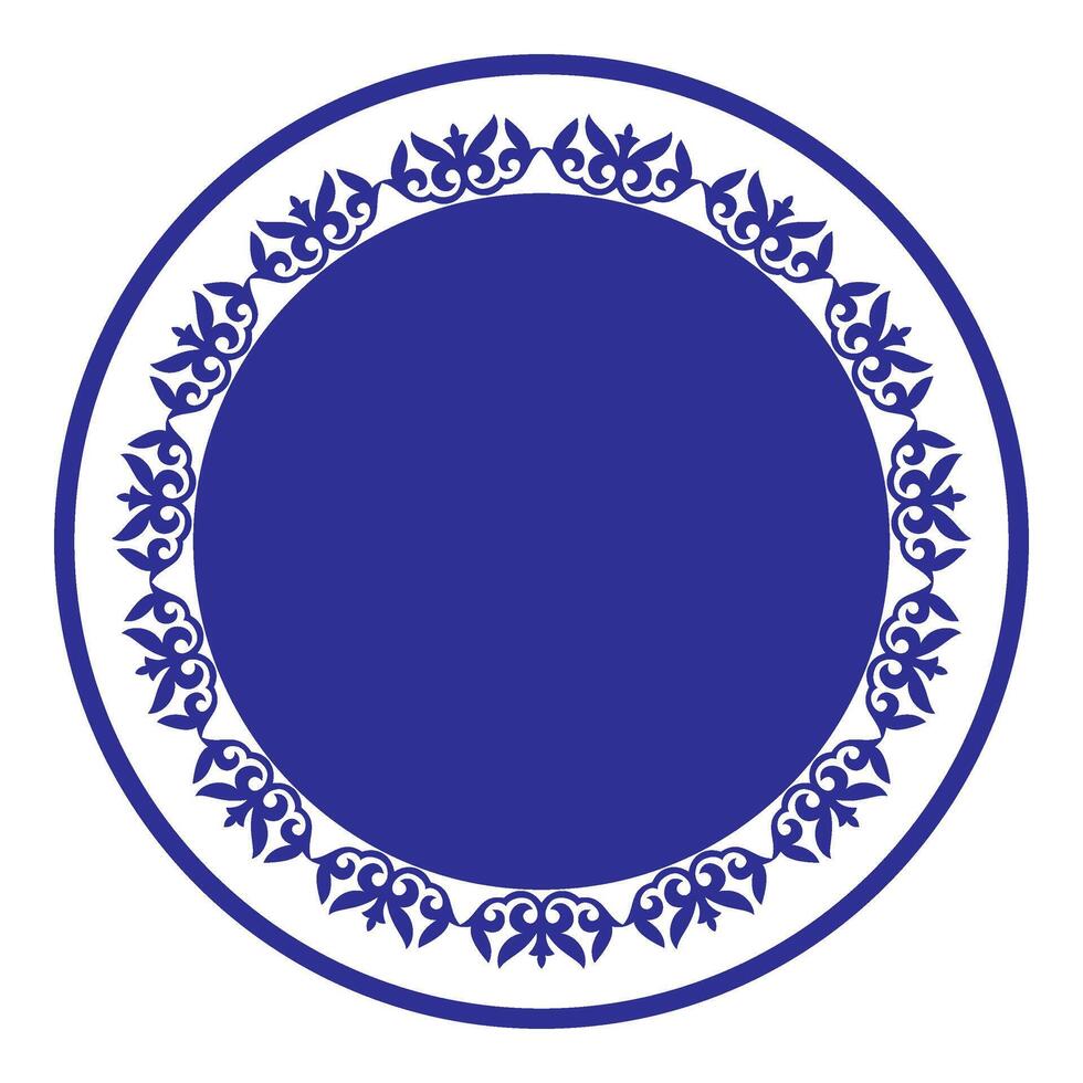 Blue, white round Kazakh national ornament. Ethnic pattern of the people Great Steppe, Kazakh, Mongol, Kyrgyz, Uzbek. Circle frame border. For sandblaster, plate, textile, embroidery, porcelain vector