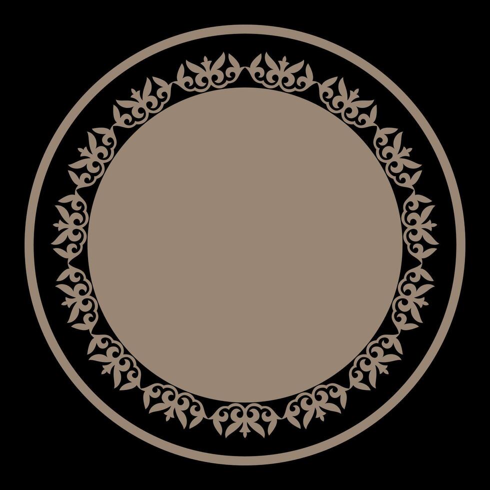 Oriental gold round frame with arabesques and floral motifs. Abstract gold ornament with place for your text. Beautiful round frame arabesque. For round surfaces, utensils, embroidery, porcelain vector