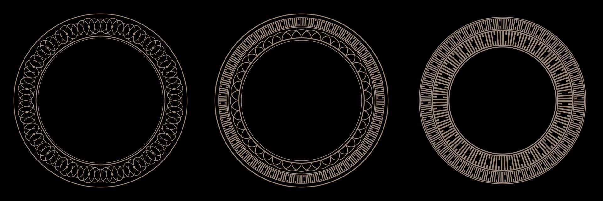Set of vintage gold round frames on black background. Round gold frames with abstract geometrical ornament. Templates for printing postcards, invitations, embroidery, porcelain, textiles, engraving vector