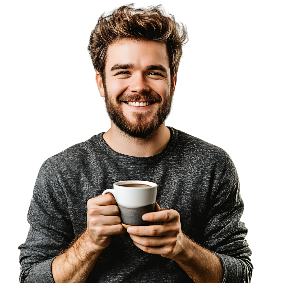 Man Smiling While Holding a Coffee Cup Against Transparent Background png