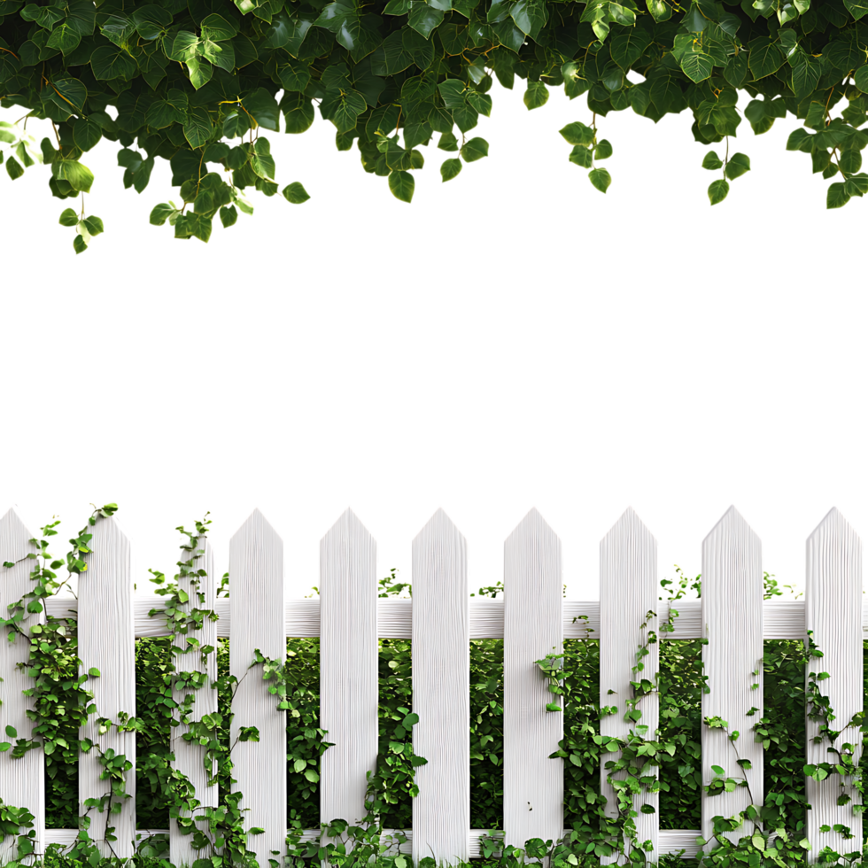 White Picket Fence with Lush Greenery A Perfect Garden Scene Against Transparent Background for Landscaping, Home Decor, or Countryside-Themed Designs png