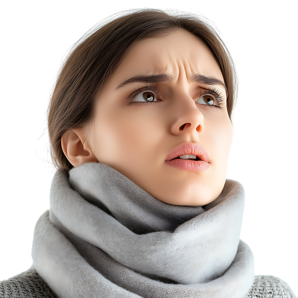 Woman with a Sore Throat Wearing a Gray Scarf Against Transparent Background for Medical Branding, Healthcare Awareness, or Pharmacy Advertisements png