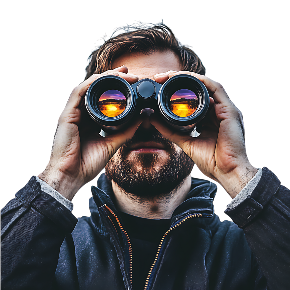 Man Holding Binocular and Looking Through Against Transparent Background png
