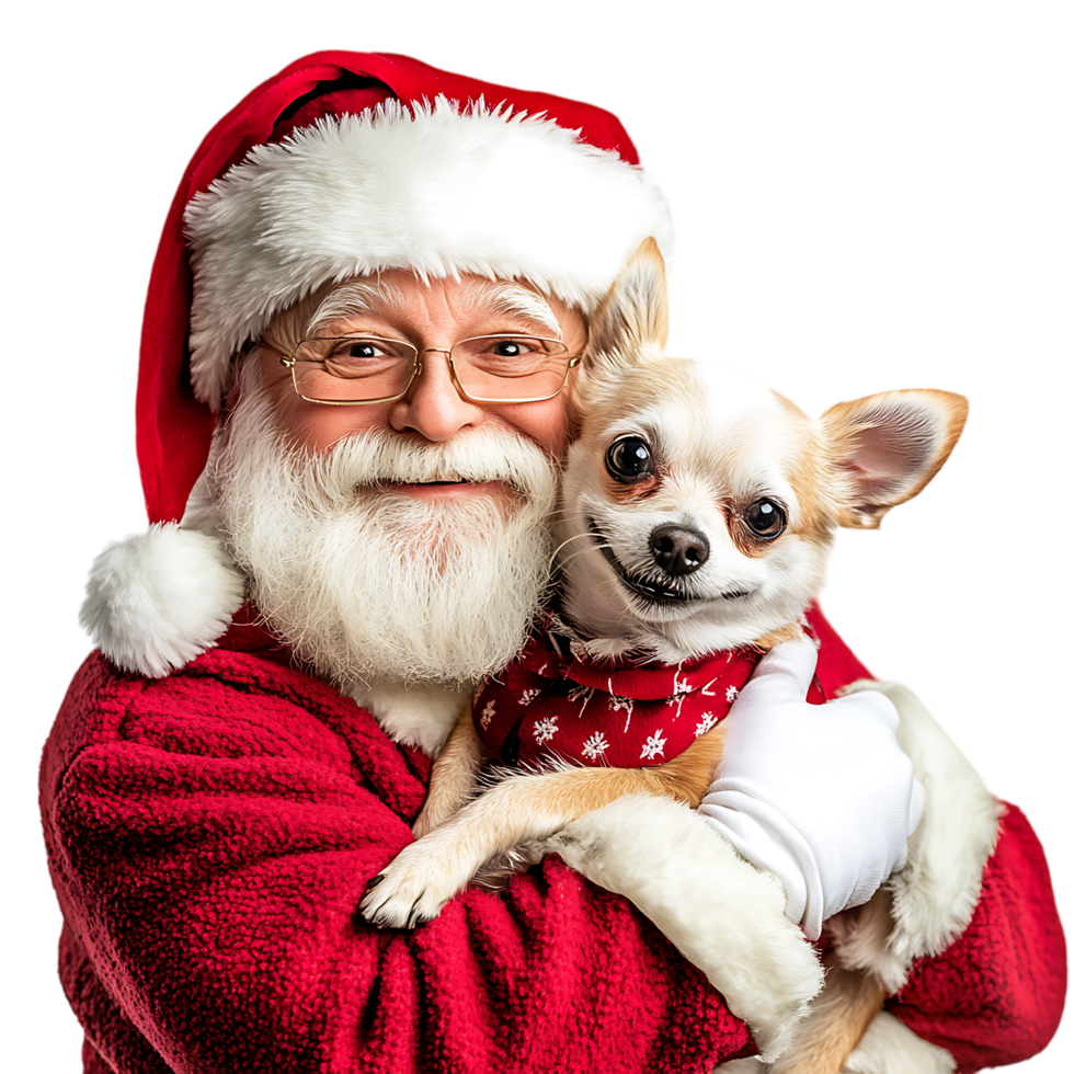 Santa Claus Cuddling a Small Dog Against Transparent Background png