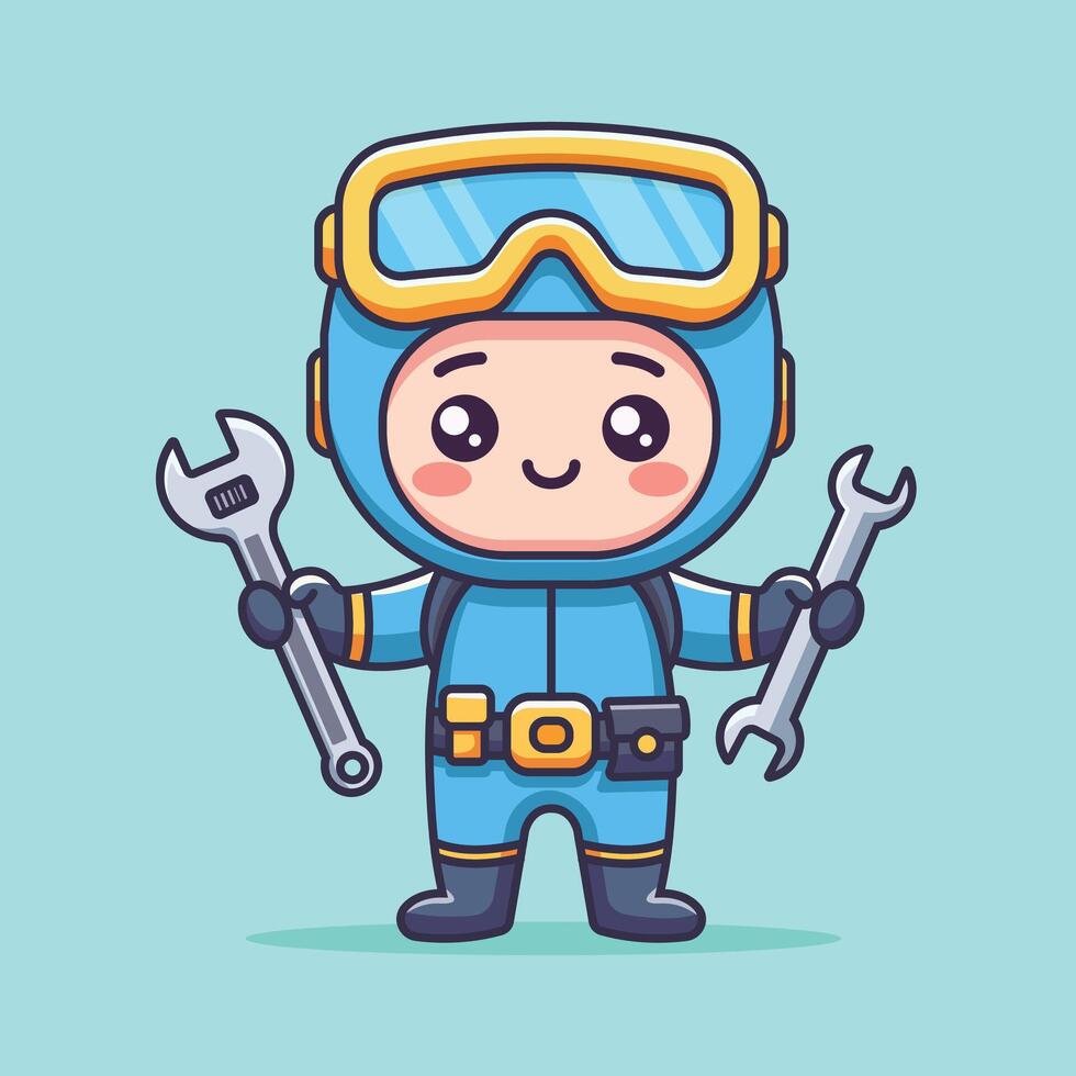 Cute Diver Handy Man Holding Wrench And Tool Box Cartoon Icon Illustration. Science Nature Icon Concept Isolated Premium . Flat Cartoon Style vector