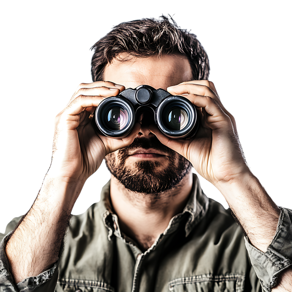 Man Holding Binoculars and Looking, Through Against Transparent Background png