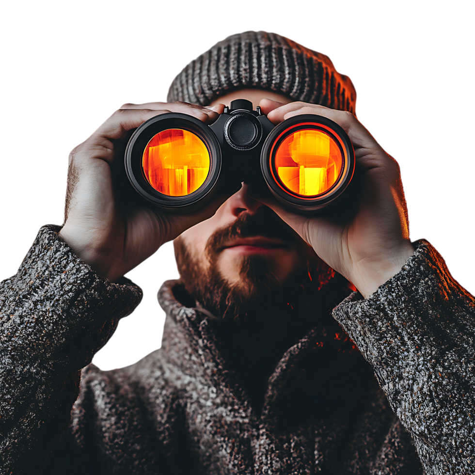 Man Holding Binoculars and Looking Through Against Transparent Background png