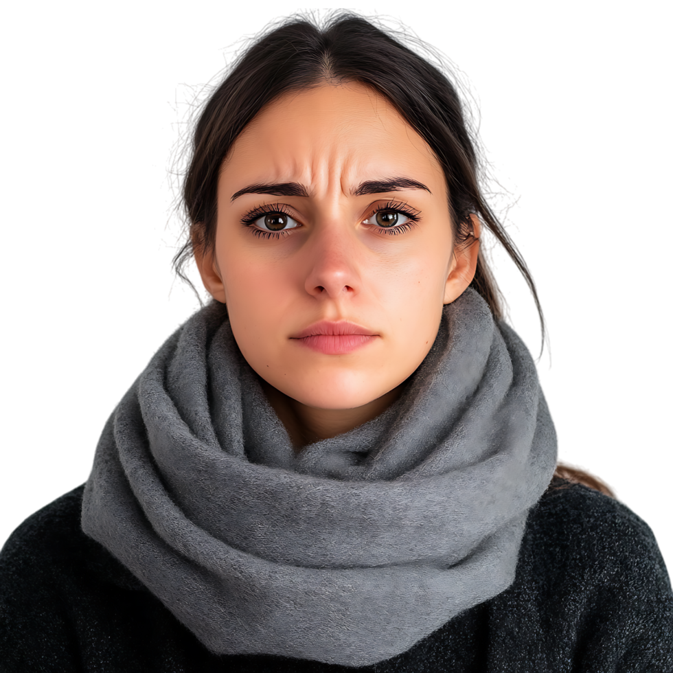 Woman with a Sore Throat, Wearing a Gray Scarf Against Transparent Background for Medical Branding, Healthcare Awareness, or Pharmacy Advertisements png