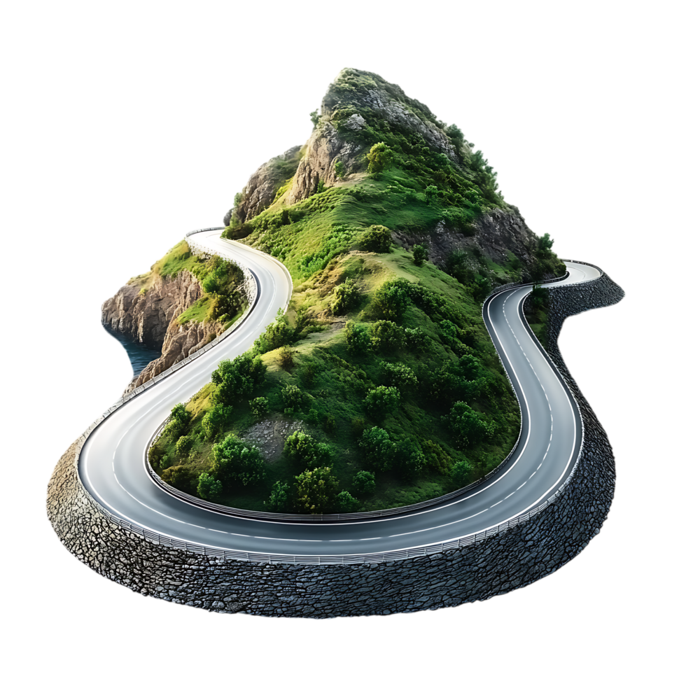 Remote Island Peak with Zigzag Road for Wanderlust-Inspired Art png