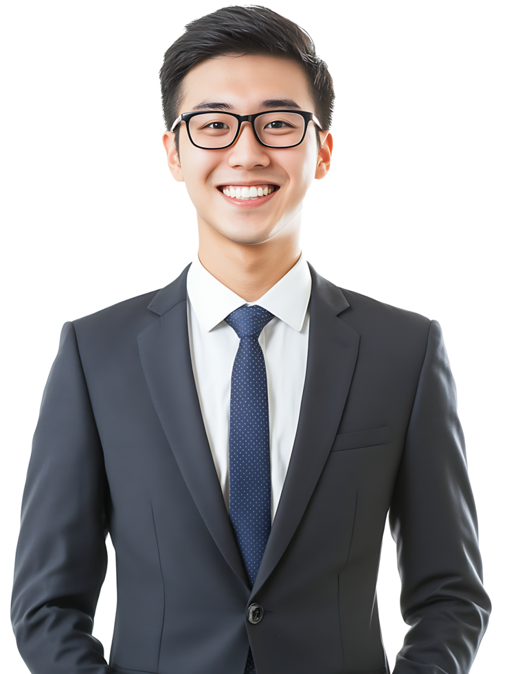 A medium shot of a smiling Asian man wearing a navy blue suit and tie. png
