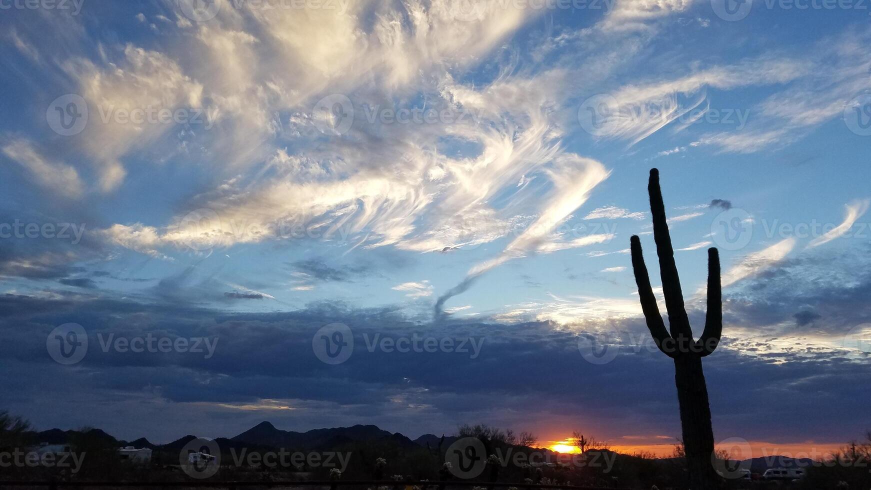 Arizona Sunset, Desert Sky Clouds with Saguaro and Mountain Silhouette photo