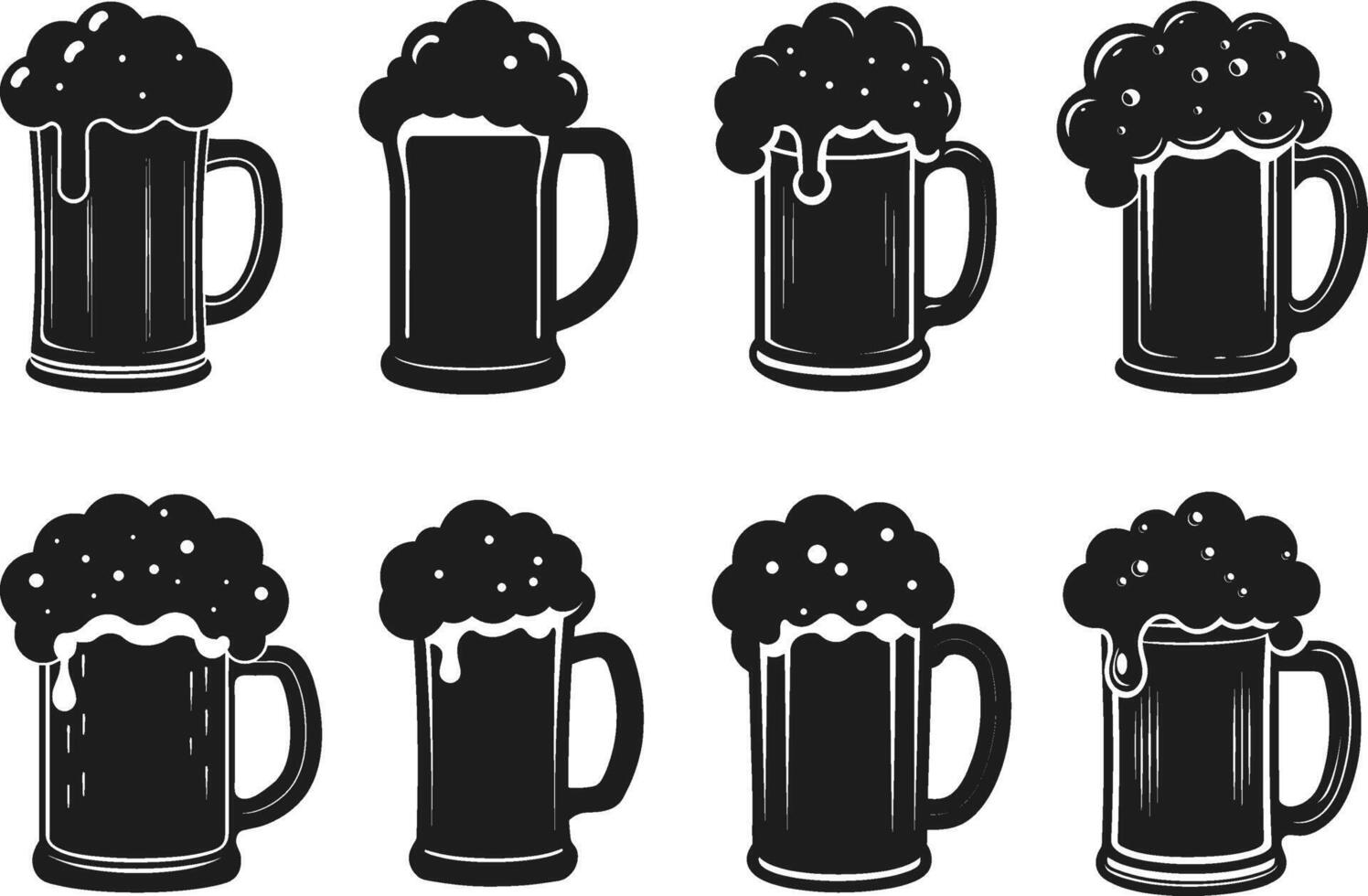 Beer Mug Silhouette Set - Frothy Beer Glass Icons for Bars, Breweries, and Oktoberfest vector