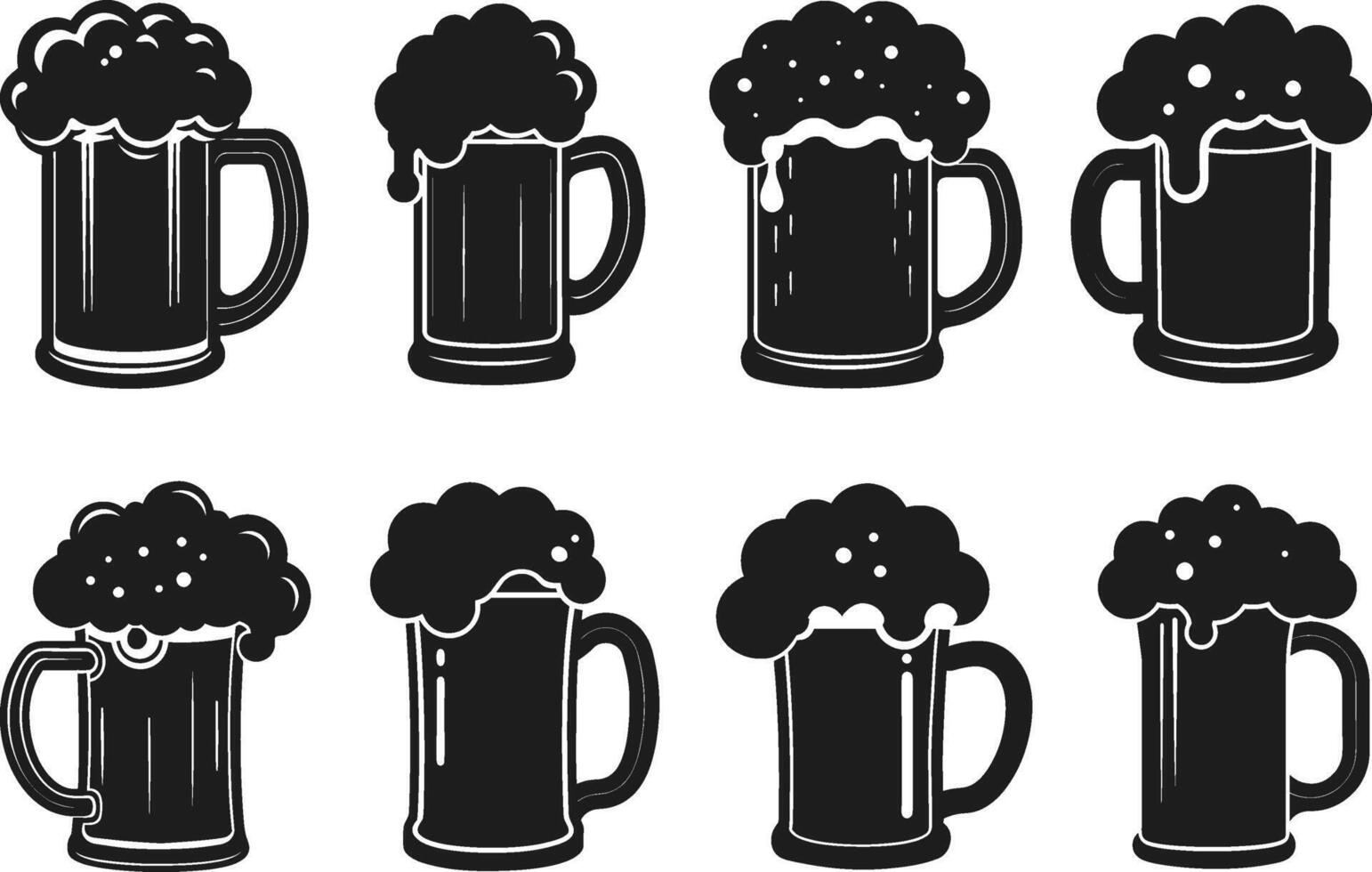 Beer Mug Silhouette Set - Frothy Beer Glass Icons for Bars, Pubs, and Festivals vector